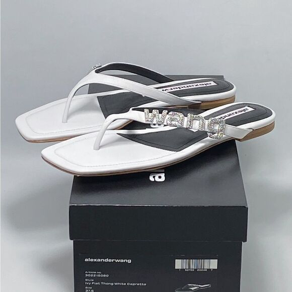 Alexander Wang Ivy Rhinestone Logo Leather Thong Sandals size 37.5 - Picture 10 of 12